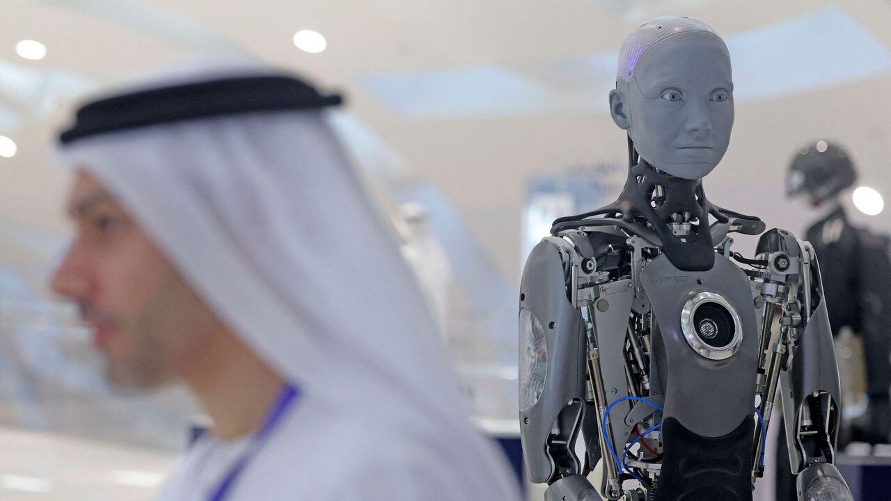 The Ameca humanoid robot greets visitors at Dubai's Museum of the Future, on October 11, 2022. (AFP Photo)