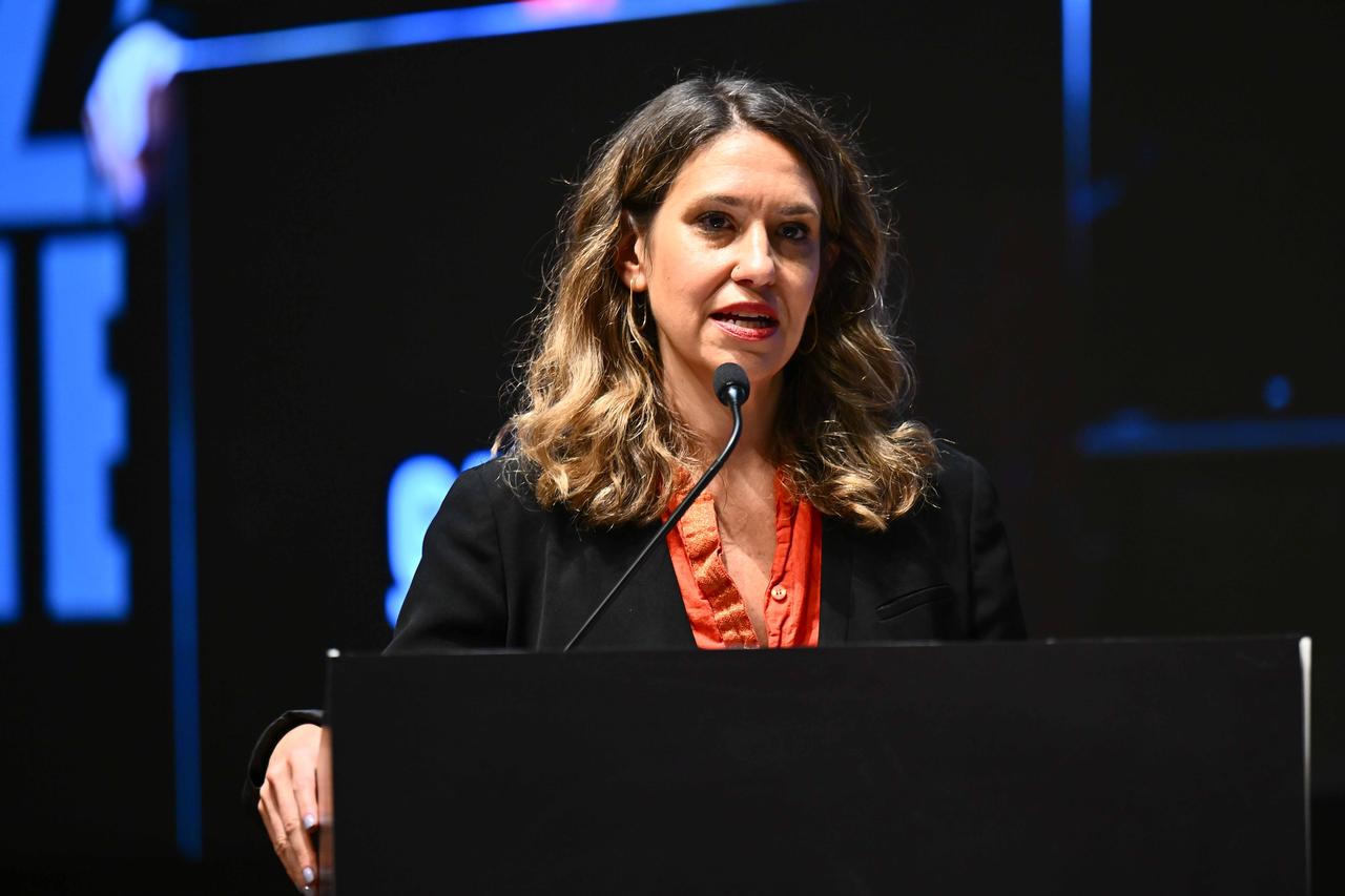 American comedian and actress Katie Halper attends the final session of the Gaza Tribunal, a global and independent initiative established to investigate Israel’s ongoing war crimes in Gaza, held at Istanbul University, Türkiye on Oct. 25, 2025. (AA Photo)