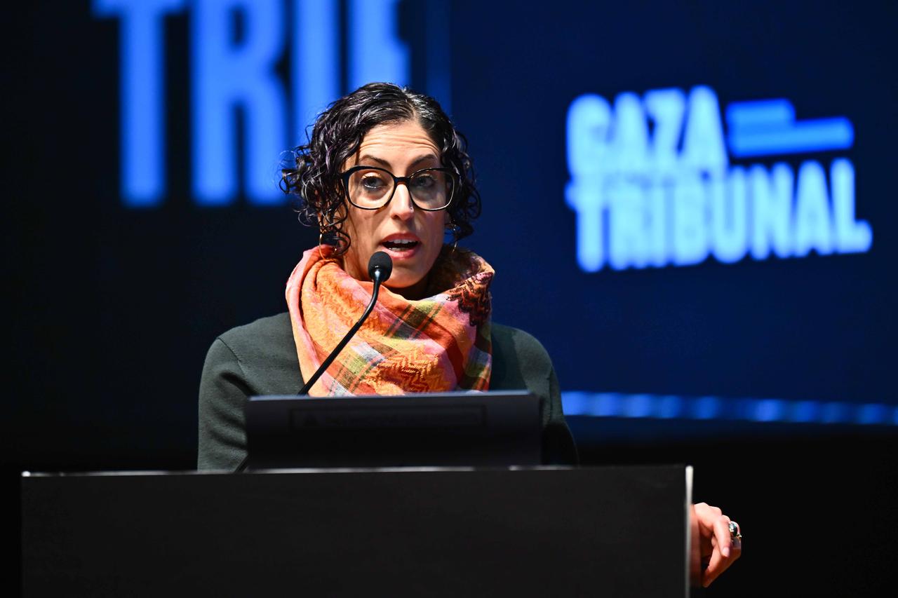 Author and academic Maura Finkelstein attends the final session of the Gaza Tribunal, a global and independent initiative established to investigate Israel’s ongoing war crimes in Gaza, held at Istanbul University, Türkiye on Oct. 25, 2025. (AA Photo)