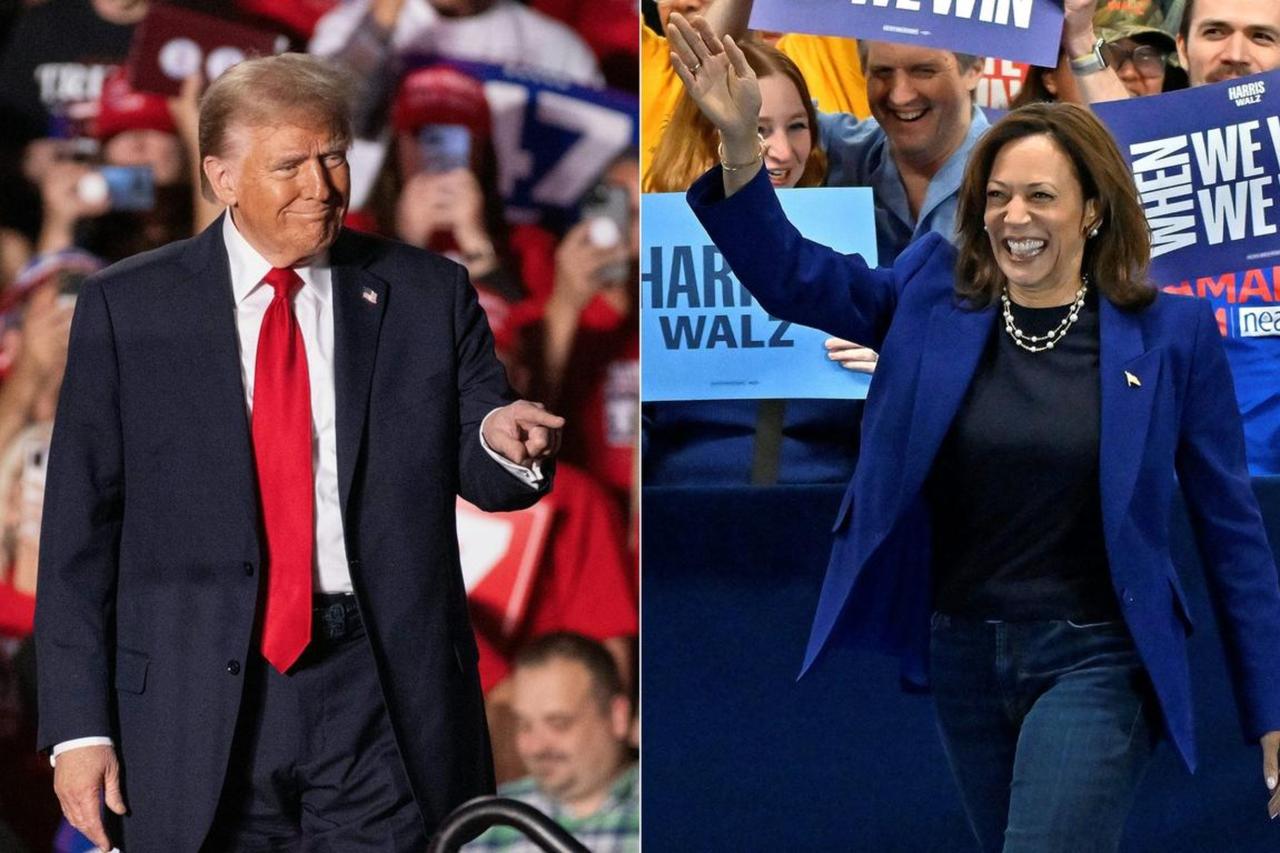 This combination of pictures shows
Former U.S. President and Republican presidential candidate Donald Trump (L) gestures as he arrives on stage to speak during a campaign rally, and U.S. Vice President and Democratic presidential candidate Kamala Harris (R) walks on stage. (AFP Photo)