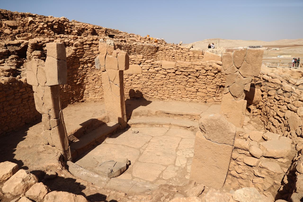 Interior view of one of Karahantepe’s public buildings featuring T-shaped monoliths, a hallmark of the Pre-Pottery Neolithic culture. (AA Photo)