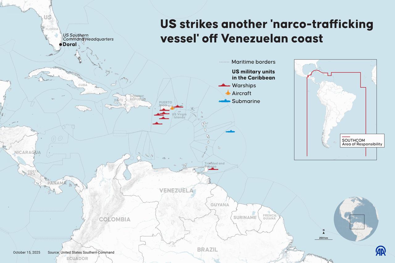 An infographic titled "US strikes another 'narco-trafficking vessel' off Venezuelan coast" created in Ankara, Türkiye on Oct. 15, 2025. (AA Photo)