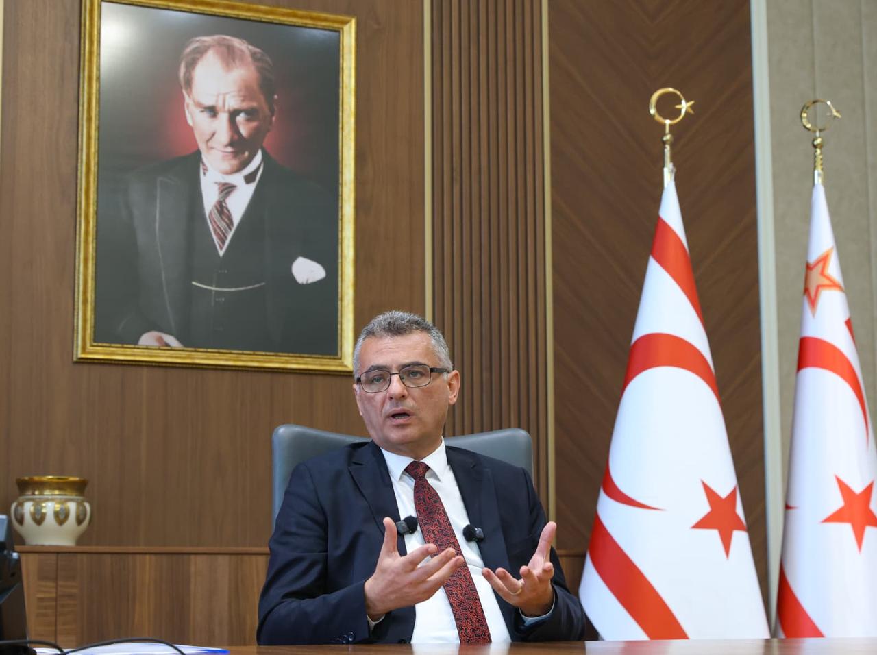 Turkish Republic of Northern Cyprus (TRNC) President Tufan Erhurman speaks during an interview with Anadolu at TRNC Presidential Office in Lefkosia, TRNC, Oct. 24, 2025. (AA Photo)