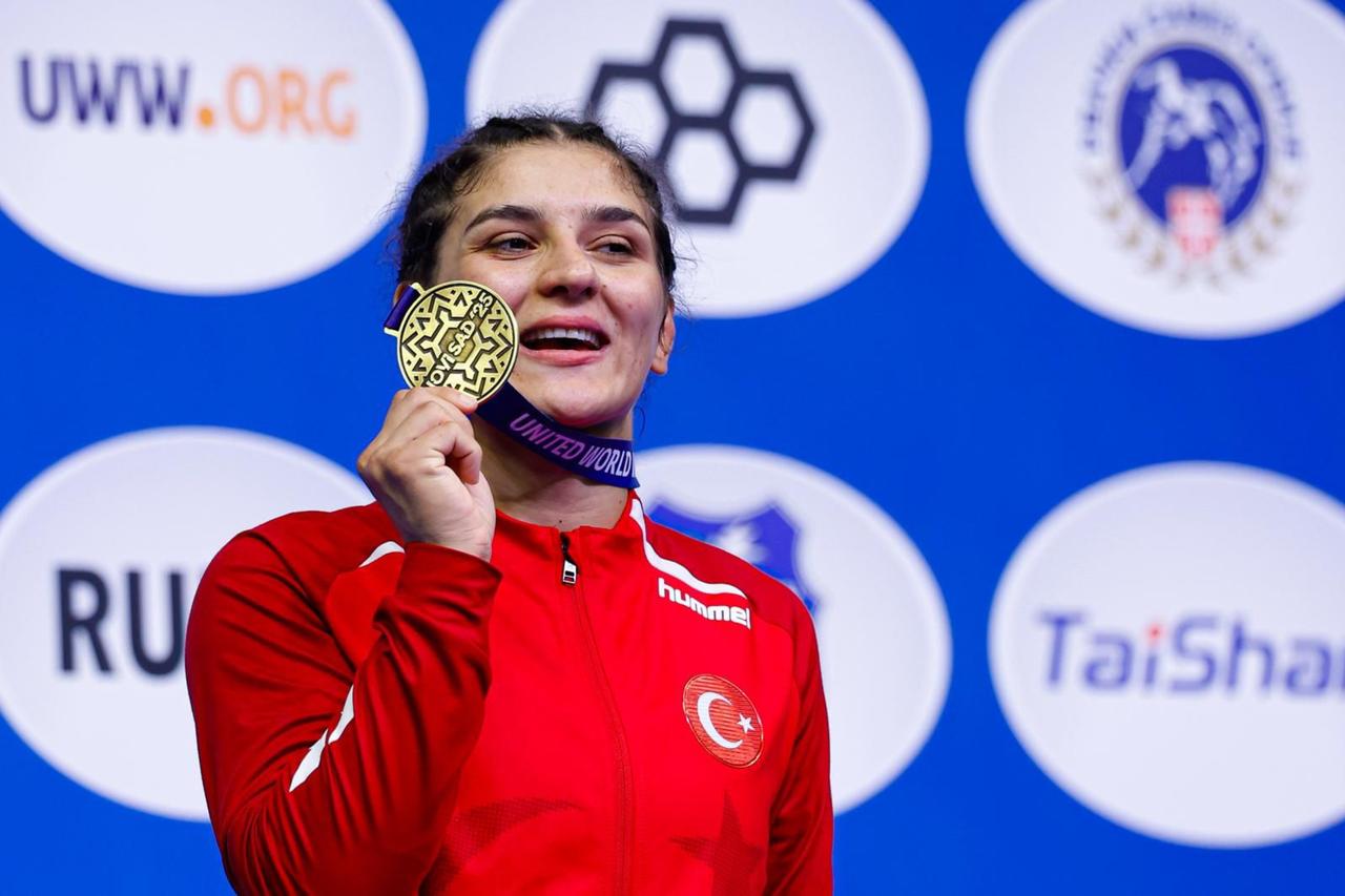 Turkish freestyle wrestler Nesrin Bas celebrates after winning the gold medal in the women’s 68 kg category at the World Under-23 Wrestling Championships in Serbia, marking her third world title in the event. (AA Photo)