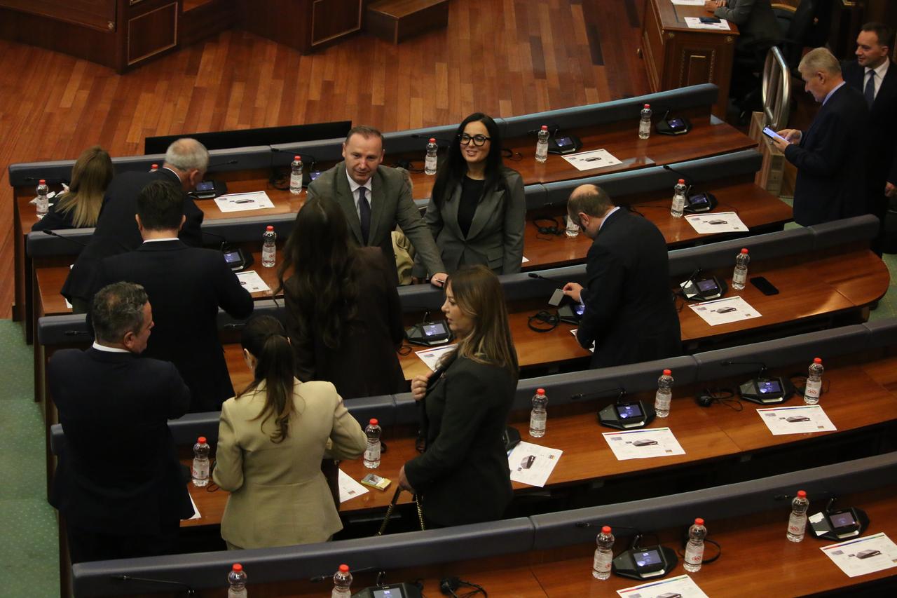A general view shows the empty parliament chamber after the new government proposed by Vetevendosje party leader and prime minister candidate Albin Kurti failed to secure enough votes in the confidence vote in Pristina, Kosovo, on Oct. 26, 2025. (AA Photo)