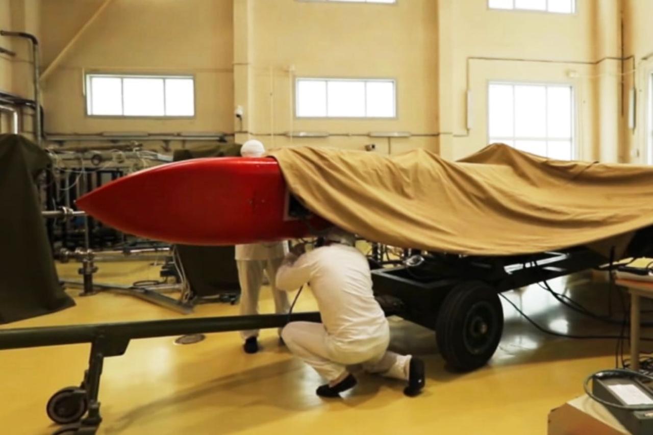 A screenshot shows testing of the Burevestnik nuclear-powered cruise missile, taken from a Russian Defense Ministry video released in 2018. (Photo via Russian Ministry of Defense)