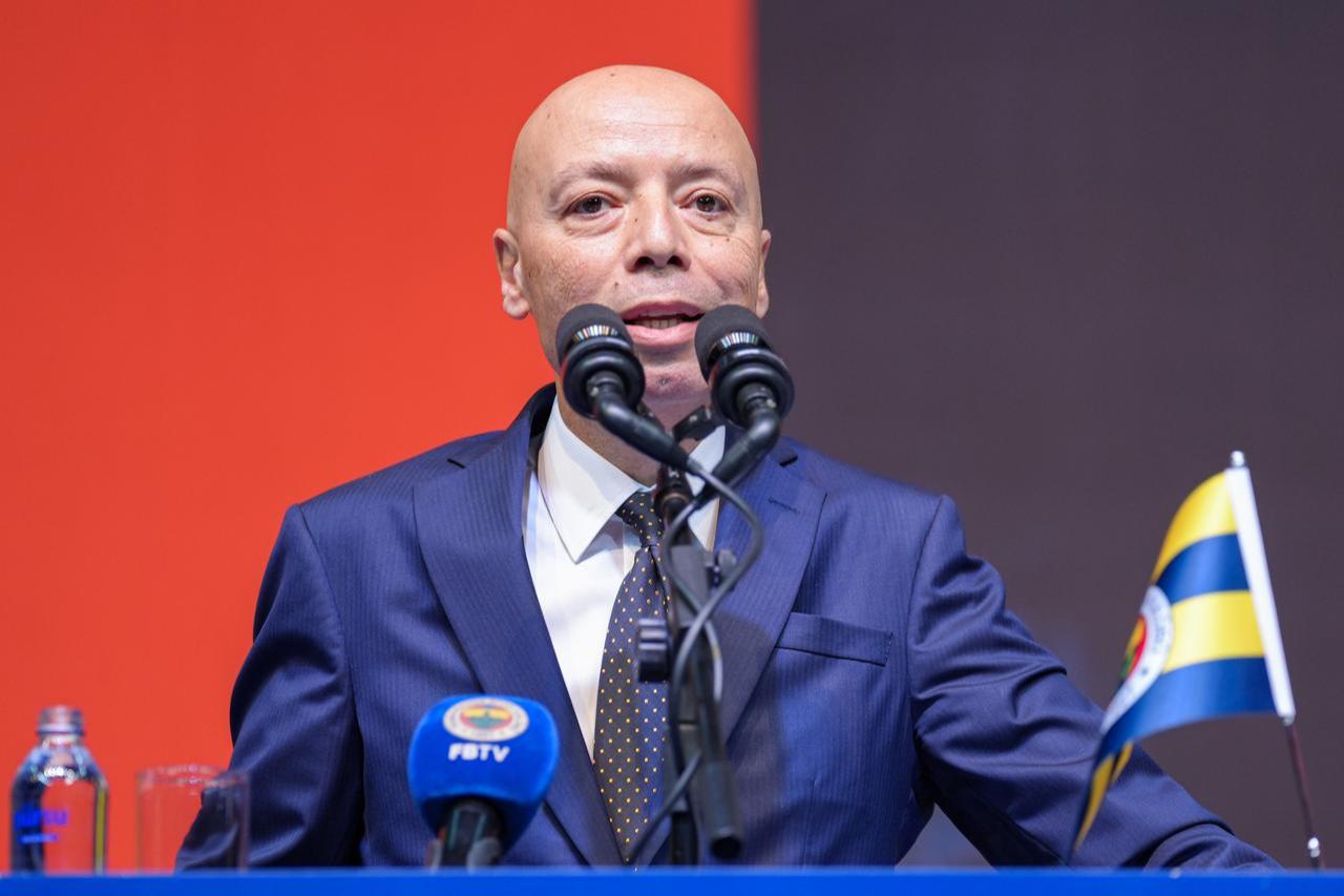 Fenerbahce Vice President Murat Salar delivers a speech during the club’s extraordinary general assembly at Ulker Sports and Event Hall in Istanbul, Türkiye, October 25, 2025. (AA Photo)