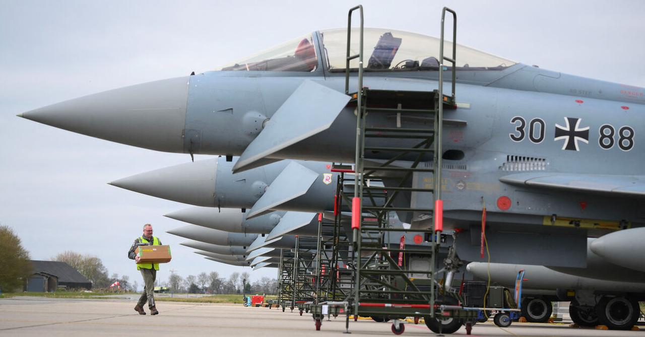 Luftwaffe (German Air Force) Eurofighters EF-2000 Typhoon aircraft line the tarmac during a NATO air force exercise, April 9, 2025. (AFP Photo)