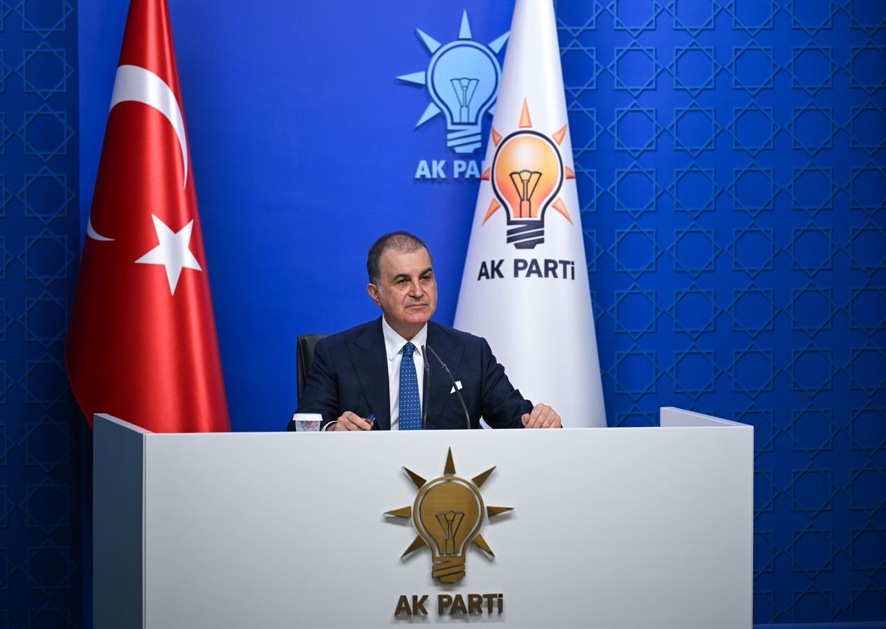 Justice and Development (AK) Party's Spokesman Omer Celik gives a press conference at AK Party headquarters in Ankara, Türkiye, Oct. 14, 2025. (AA Photo)