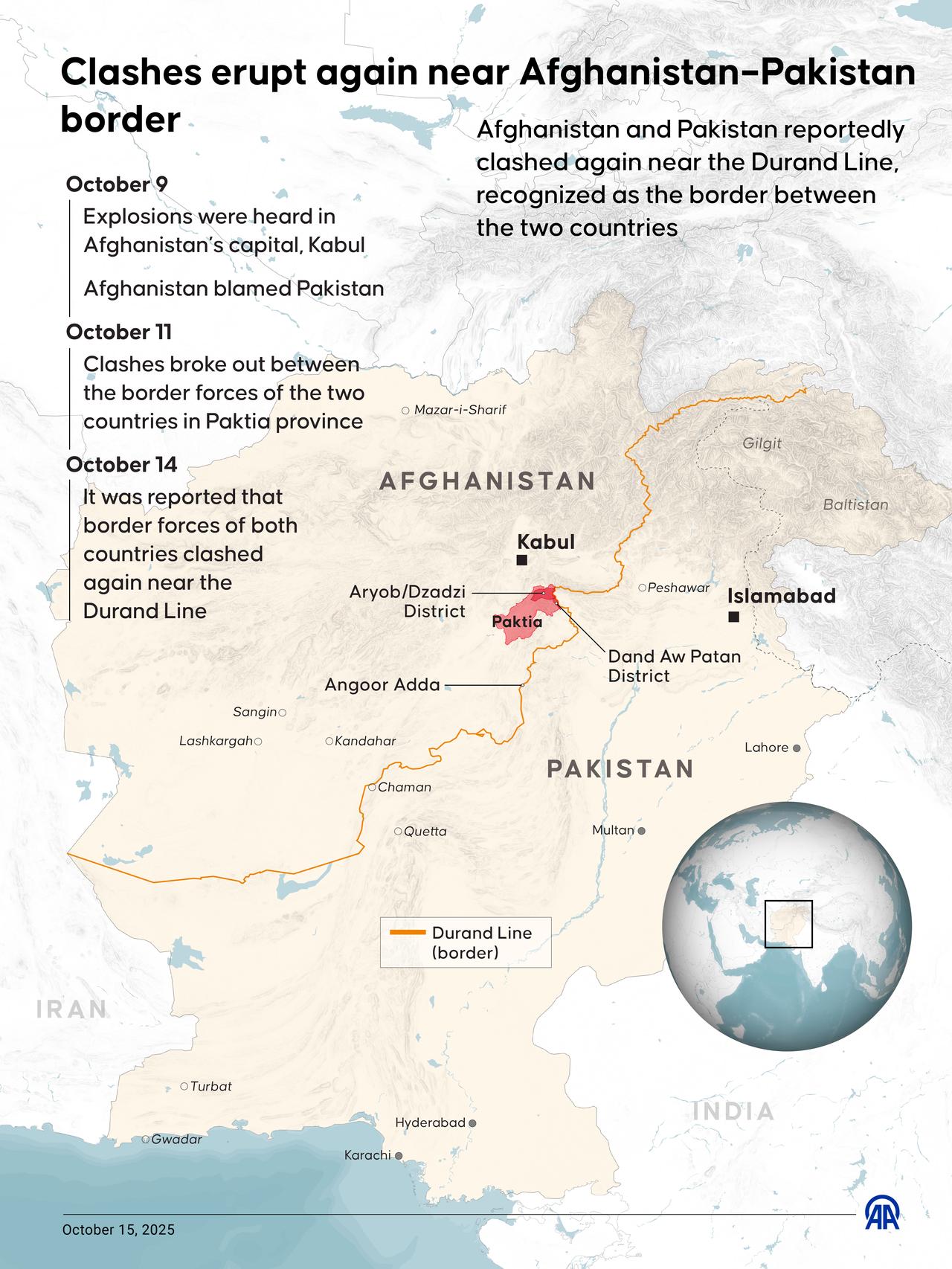An infographic titled "Clashes erupt again near Afghanistan–Pakistan border" was created in Istanbul, Türkiye, on October 15, 2025. (AA Photo)