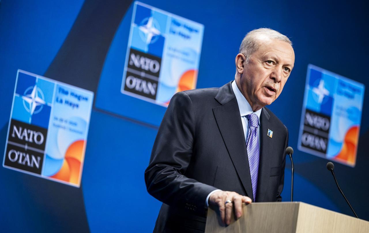President Recep Tayyip Erdogan speaks at a press conference during a North Atlantic Treaty Organization (NATO) Heads of State and Government summit in The Hague, Netherlands, on June 25, 2025. (AFP Photo)