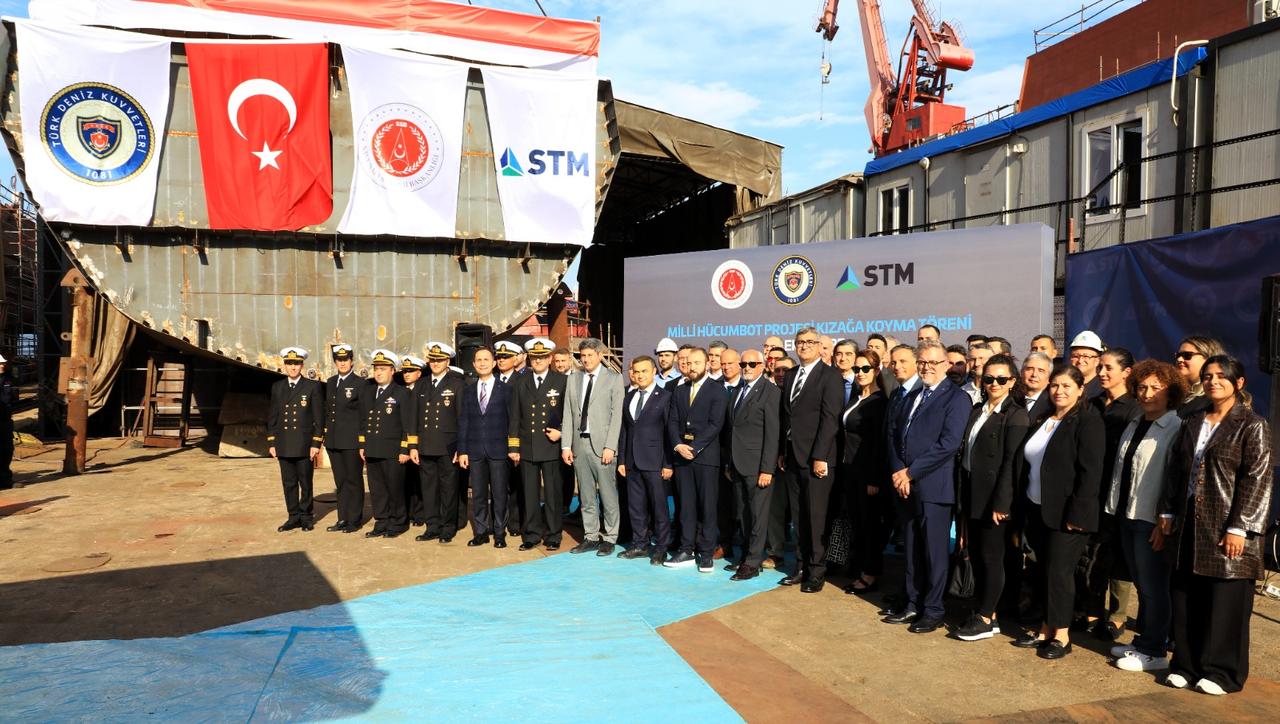 The photo shows the STM officials along with officers from Turkish Naval Forces Command during National Fast Attack Craft (FAC)'s first block laying ceremony in Istanbul, Türkiye, October 27, 2025. (AA Photo)
