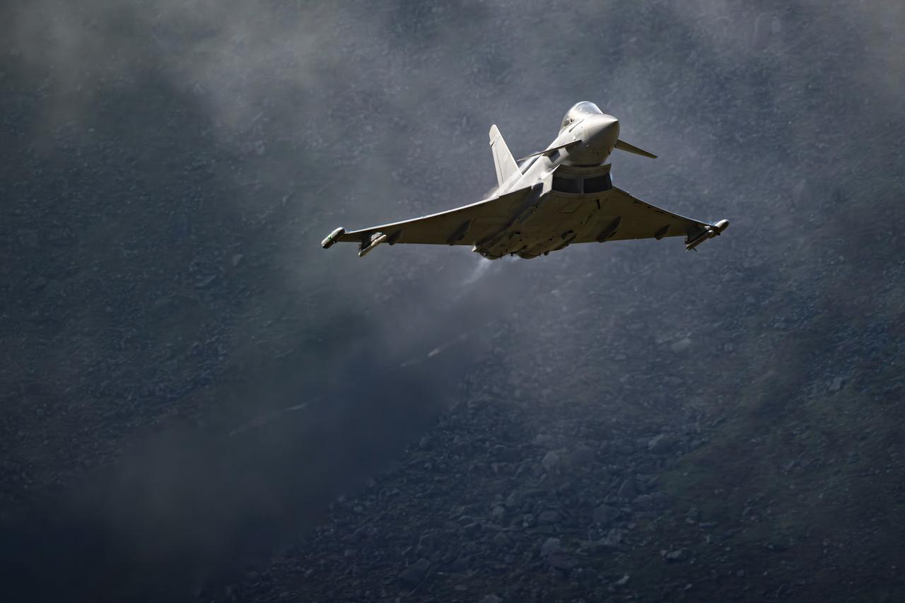 A Eurofighter Typhoon during a low level flying sortie in the Lake District, Cumbria, UK on Oct. 27, 2025. (Photo via BAE Systems)