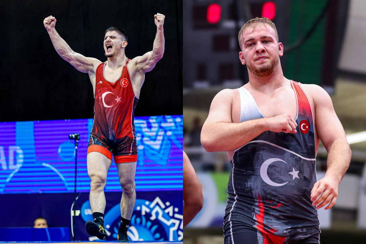 Türkiye’s Ibrahim Metehan Yaprak (L) celebrates after advancing to the final in the 79 kg freestyle category, while Hakan Buyukcingil (R) secures bronze in the 125 kg division at the 2025 U23 World Wrestling Championships in Novi Sad, Serbia. (AA Photo)