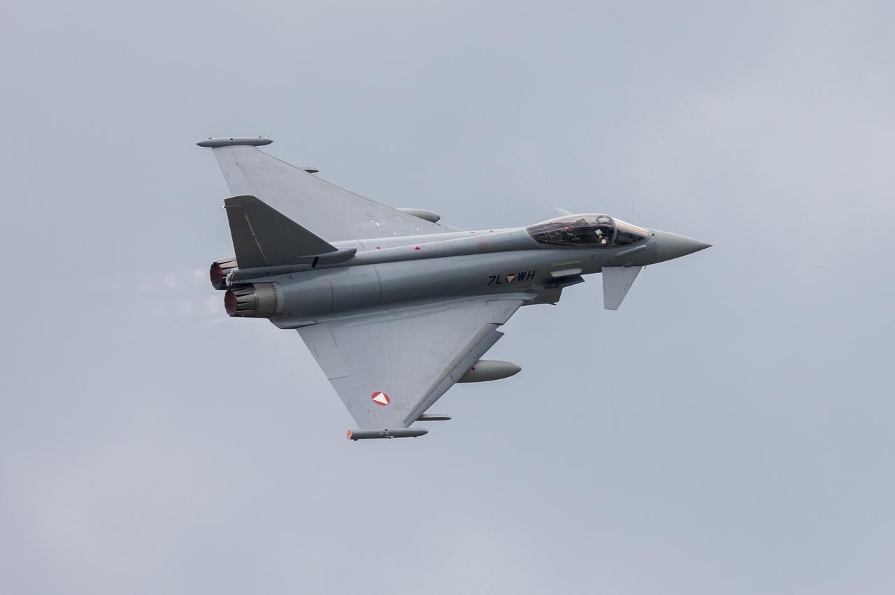 Austrian Air Force Eurofighter Typhoon conducting flight during Austrian Grand Prix Formula one in Spielberg, Austria on July 1, 2022, accessed on March 27, 2025. (Adobe Stock Photo)