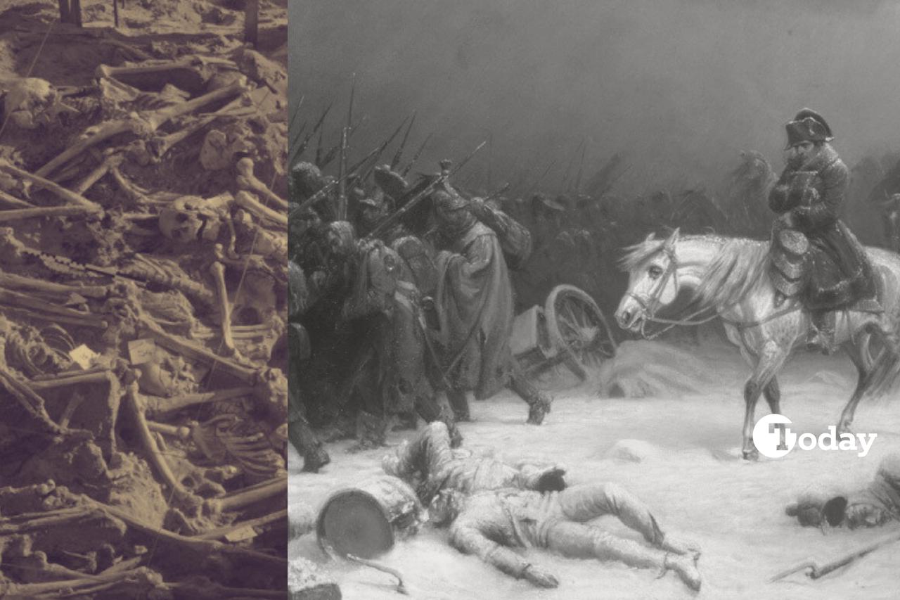 Composite image showing the Vilnius mass grave alongside Adolph Northen’s 1851 painting of Napoleon’s retreat, symbolizing the link between archaeology and history. (Photo collage by Türkiye Today team)