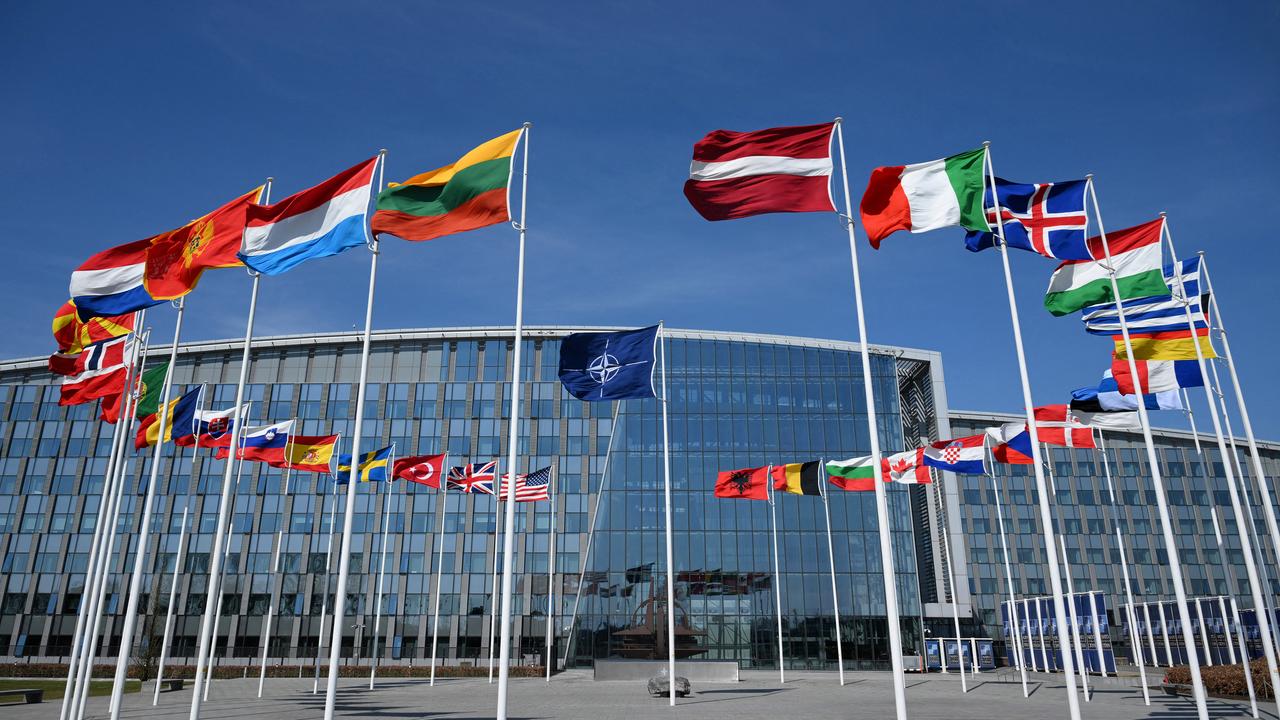 This photograph shows the North-Atlantic Treaty Organisation's (NATO) flag and member states' flags at the NATO headquarters in Brussels, Belgium, on April 2, 2025. (AFP Photo)