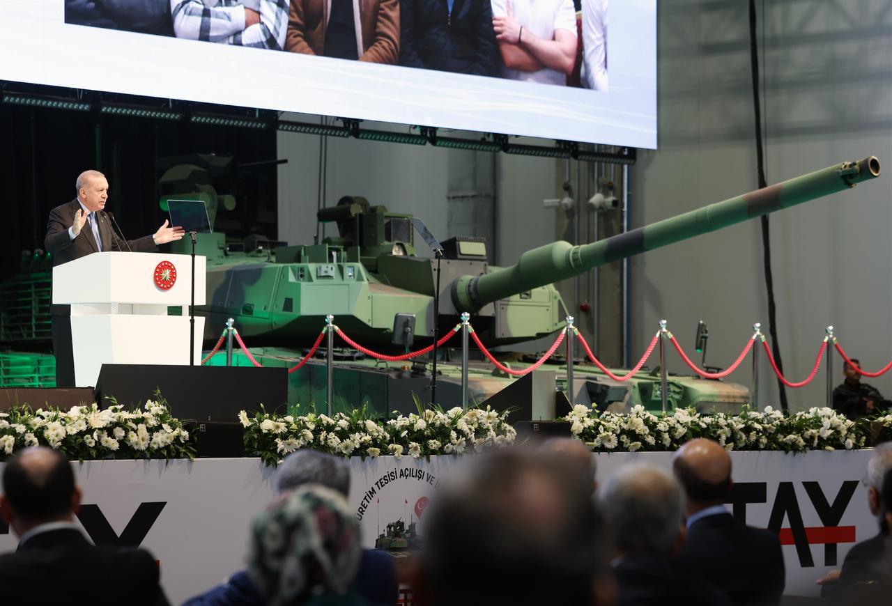 President Erdogan speaks at the Ceremony for the Opening of BMC Ankara Tank and New Generation Armored Vehicles Production Facility and the First Delivery of New Altay Tanks at Kahramankazan district of Ankara, Türkiye, Oct. 28, 2025. (Photo via Turkish Presidency/Murat Cetinmuhurdar)