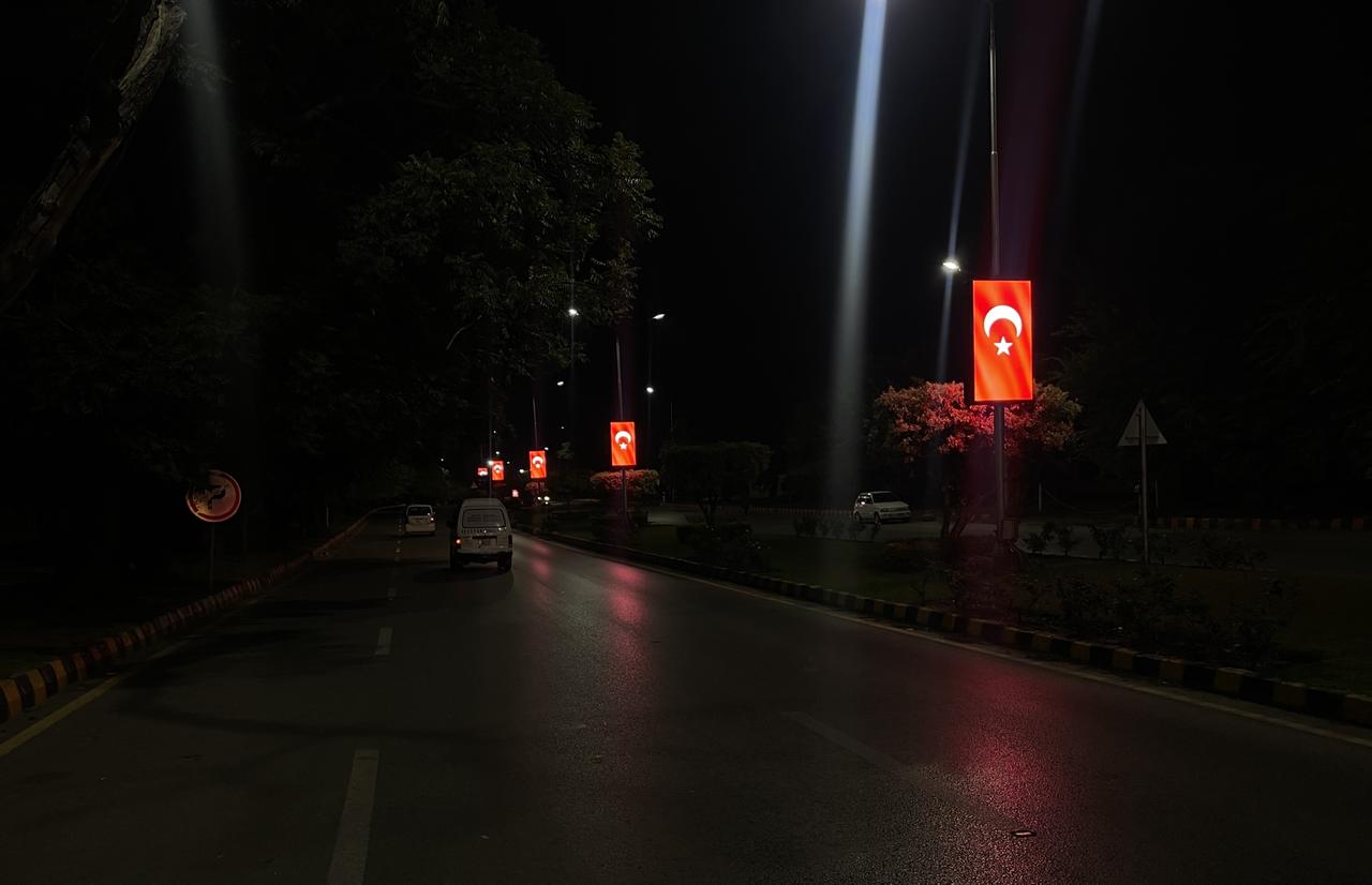 Avenue in Islamabad, Pakistan, illuminated with red and white lights and Turkish flags to celebrate Republic Day, Oct. 28, 2025. (AA Photo)