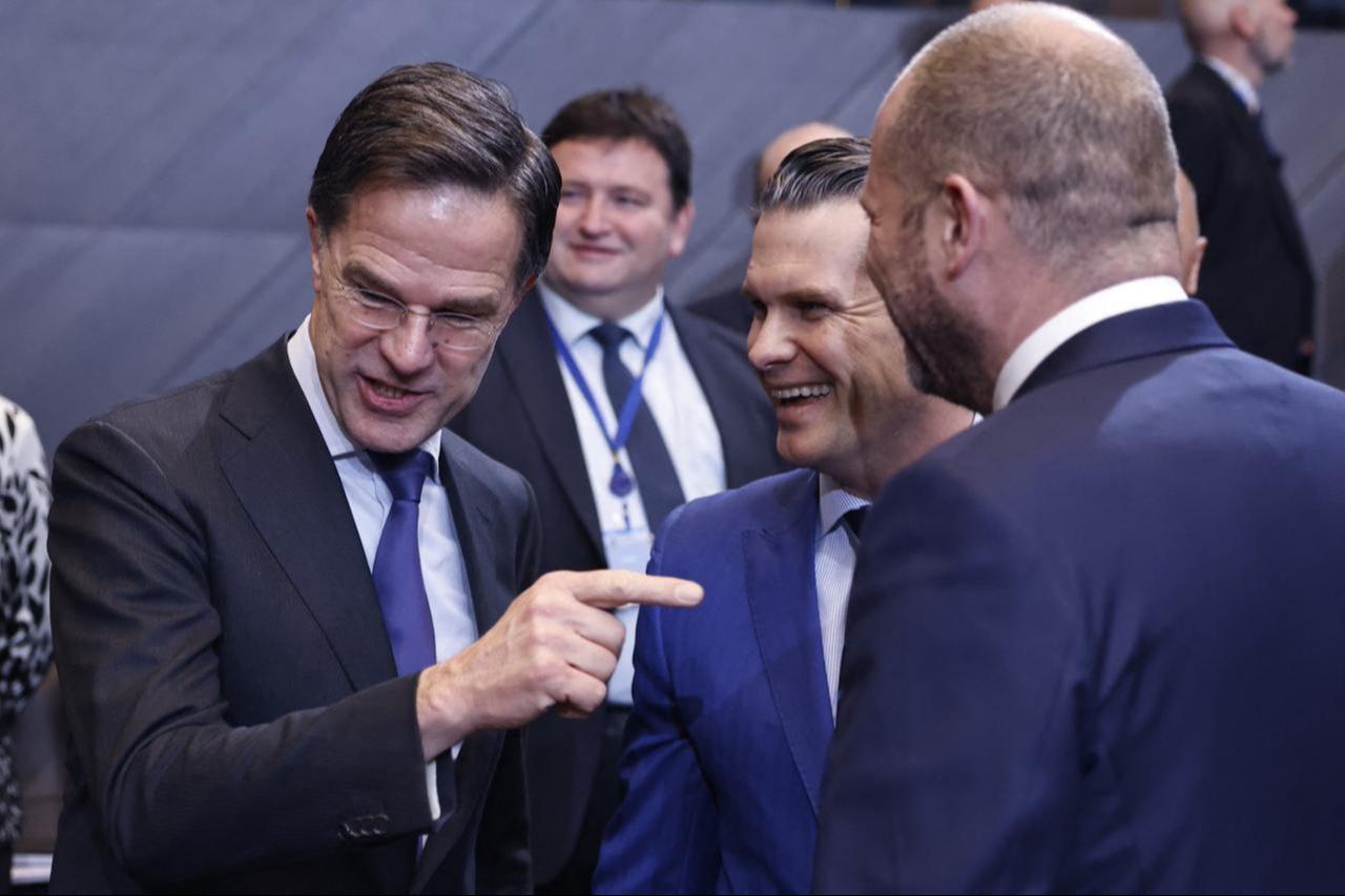 NATO Secretary General Mark Rutte (L), US Defense Secretary Pete Hegseth and Belgiums Defence Minister Theo Francken react prior to the start of The North Atlantic Treaty Organisation (NATO) Ministers of Defence meeting at NATO Headquarters in Brussels, Belgium, on Feb. 13, 2025. (AFP Photo)
