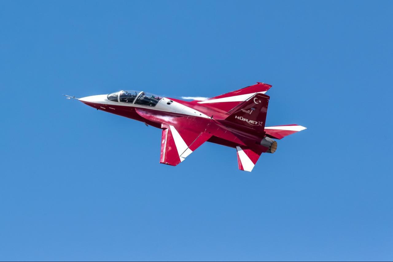 Hurjet advanced jet trainer, developed by Turkish Aerospace Industries (TAI) during a flight, accessed on April 18, 2025. (Photo via X / @TUSAS_TR)