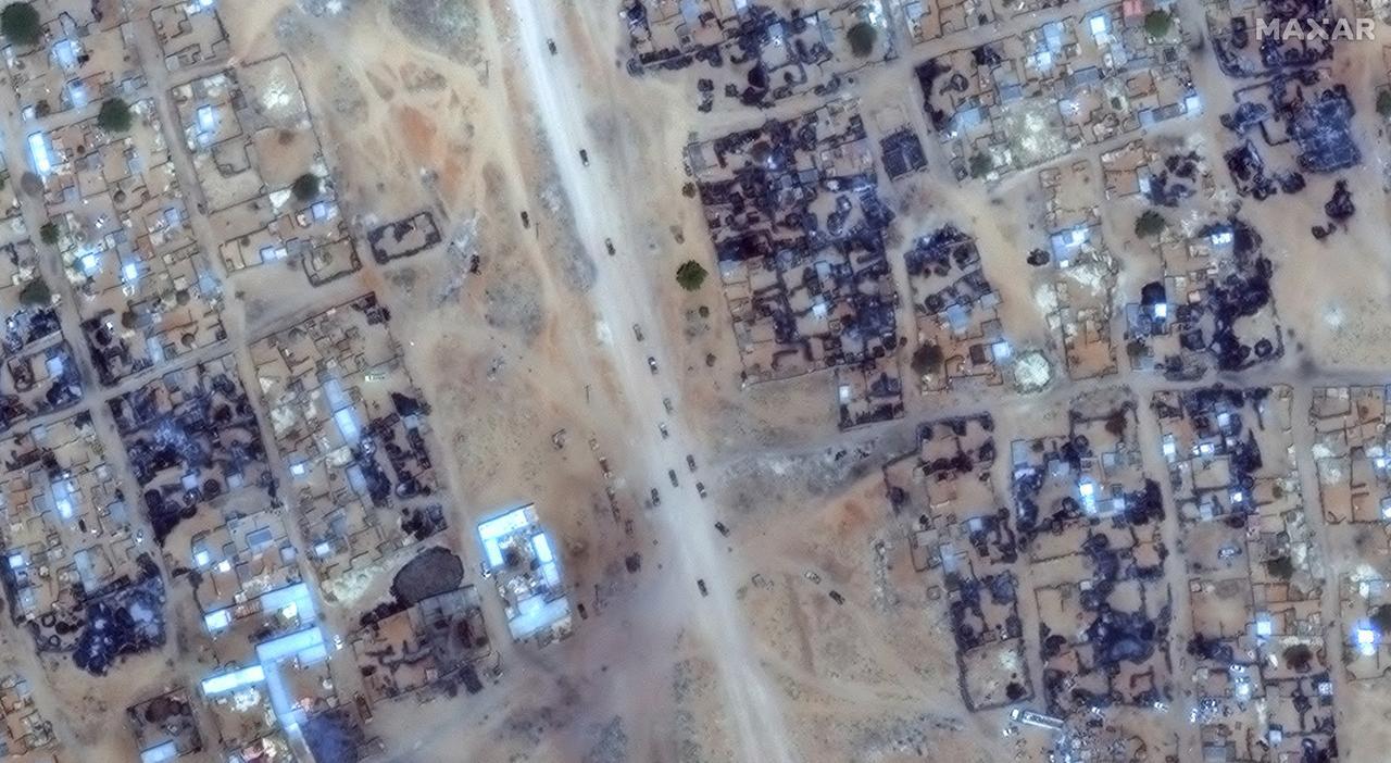 Burned buildings and RSF vehicles at Zamzam camp near the besieged Darfur city of El-Fasher. Ttken on April 16, 2025 and released on April 17, 2025. (AFP Photo)