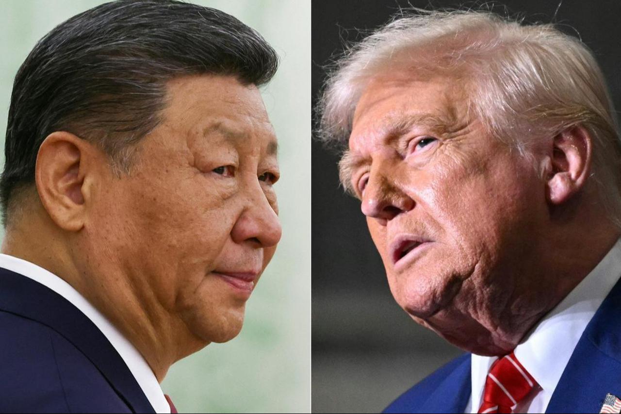 Photo combination shows (L-R) Chinese President Xi Jinping at the Kremlin in Moscow, May 8, 2025, and US President Donald Trump at US Steel’s Irvin Works in West Mifflin, Pennsylvania, May 30, 2025. (AFP Photo)