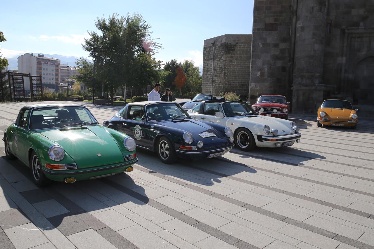 Porsche models from Belgium lined up in Erzurum as part of the classic car tour across Türkiye, Oct. 3, 2025. (AA Photo)