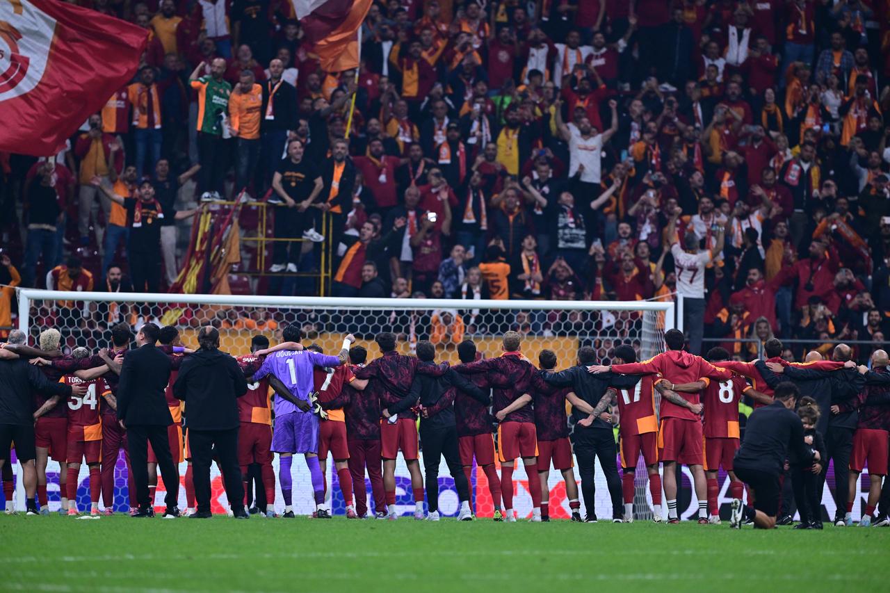 Players of Galatasaray celebrate after winning the UEFA Champions League week 2 match between Galatasaray and Liverpool at RAMS Park in Istanbul, Türkiye, on Sept. 30, 2025. (AA Photo)