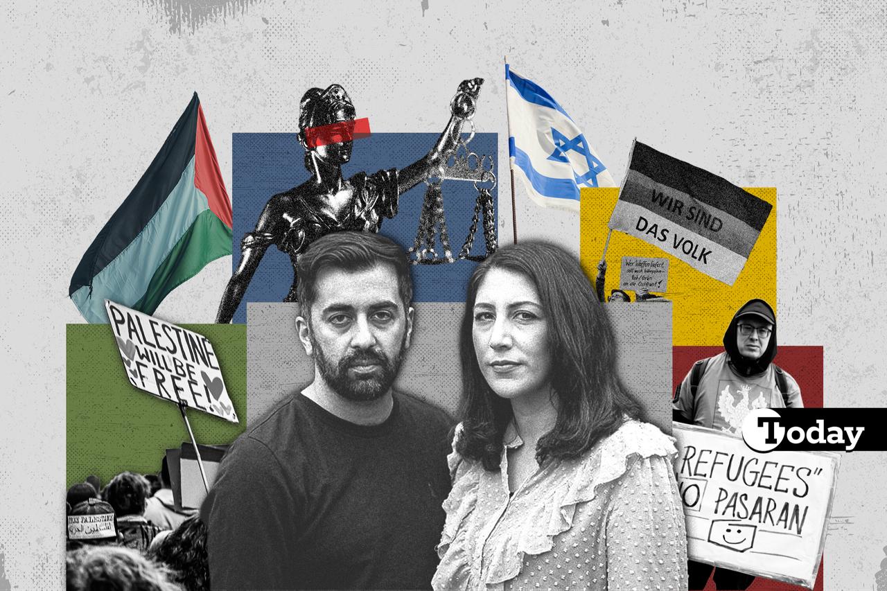 Türkiye Today speaks with former First Minister Humza Yousaf and Dundee councillor Nadia El-Nakla, October 3, 2025. (Collage prepared by Türkiye Today / Mehmet Akbas)
