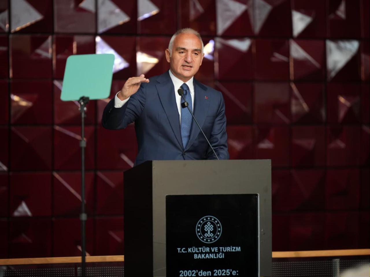 Minister of Culture and Tourism Mehmet Nuri Ersoy addresses participants at the launch of the 2025–2026 cultural season, Ataturk Cultural Center, Istanbul, Türkiye, Oct. 3, 2025. (Photo via Ministry of Culture and Tourism)