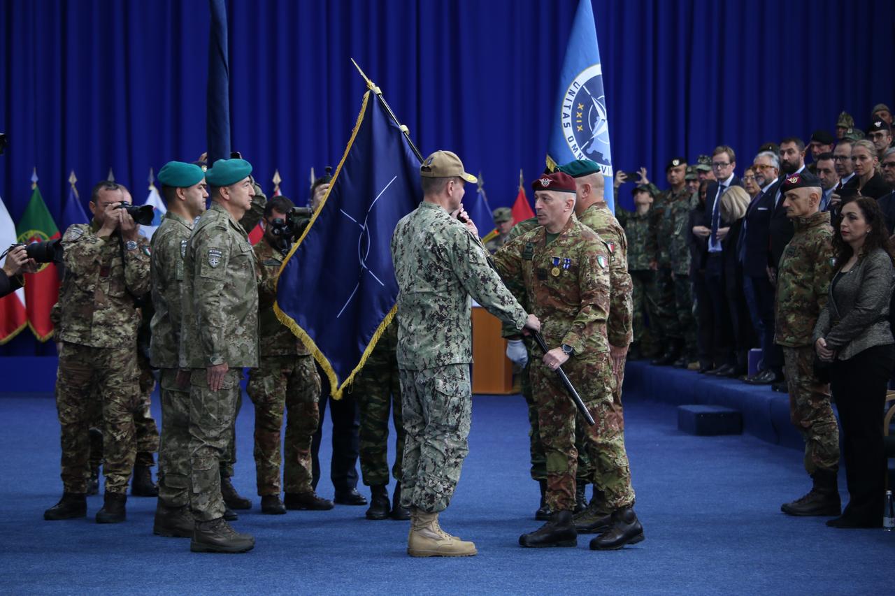 KFOR command is handed over from Italian Major General Enrico Barduani to Turkish Major General Ozkan Ulutas (L) during the handover ceremony as Türkiye assumes command of NATO’s Kosovo Force (KFOR) from Italy for a one-year term in Pristina, Kosovo, accessed on Oct. 3, 2025. (AA Photo)