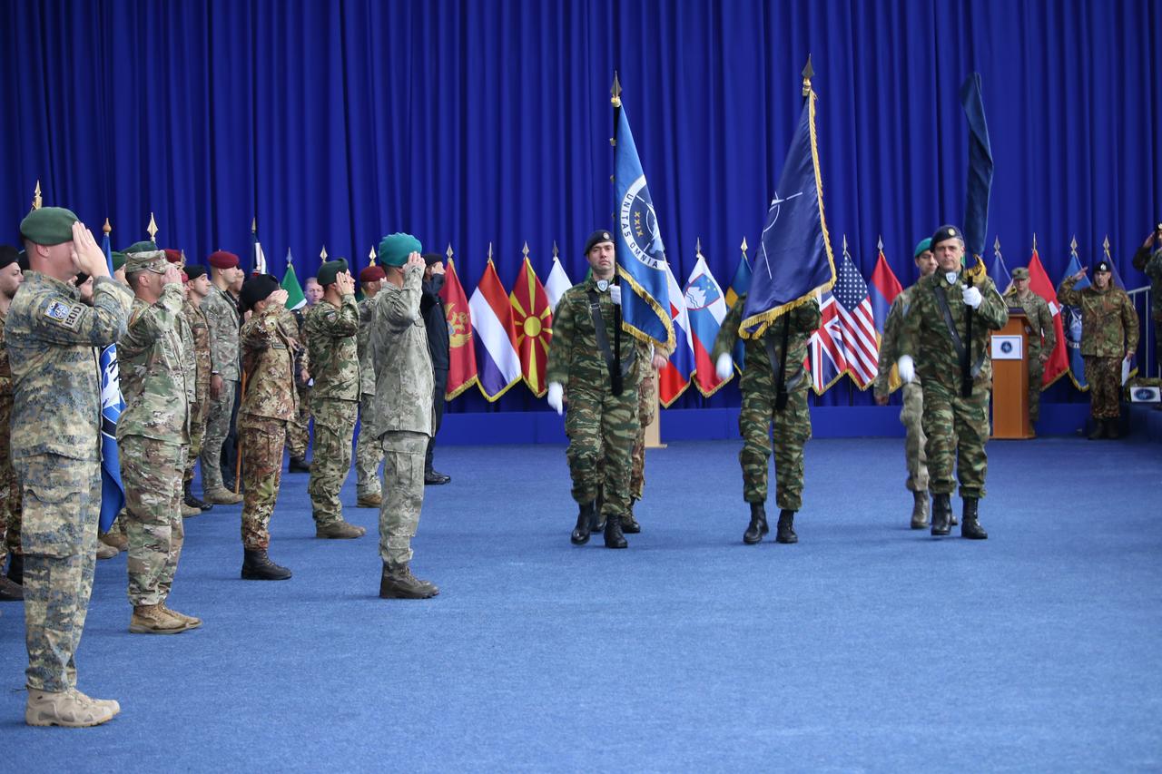 Soldiers take part in handover ceremony as Turkiye assumes command of NATO’s Kosovo Force (KFOR) from Italy for a one-year term in Pristina, Kosovo, accessed Oct. 3, 2025. (AA Photo)