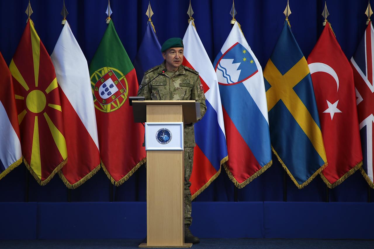 Turkish Major General Ozkan Ulutas gives a speech during the handover ceremony as Turkiye assumes command of NATO’s Kosovo Force (KFOR) from Italy for a one-year term in Pristina, Kosovo,  accessed on Oct. 3, 2025. (AA Photo)