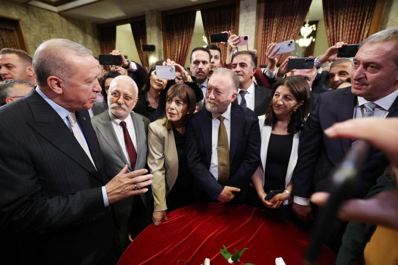 President Erdogan with DEM Party leaders during the Parliament reception. (Photo via Turkish Presidency)