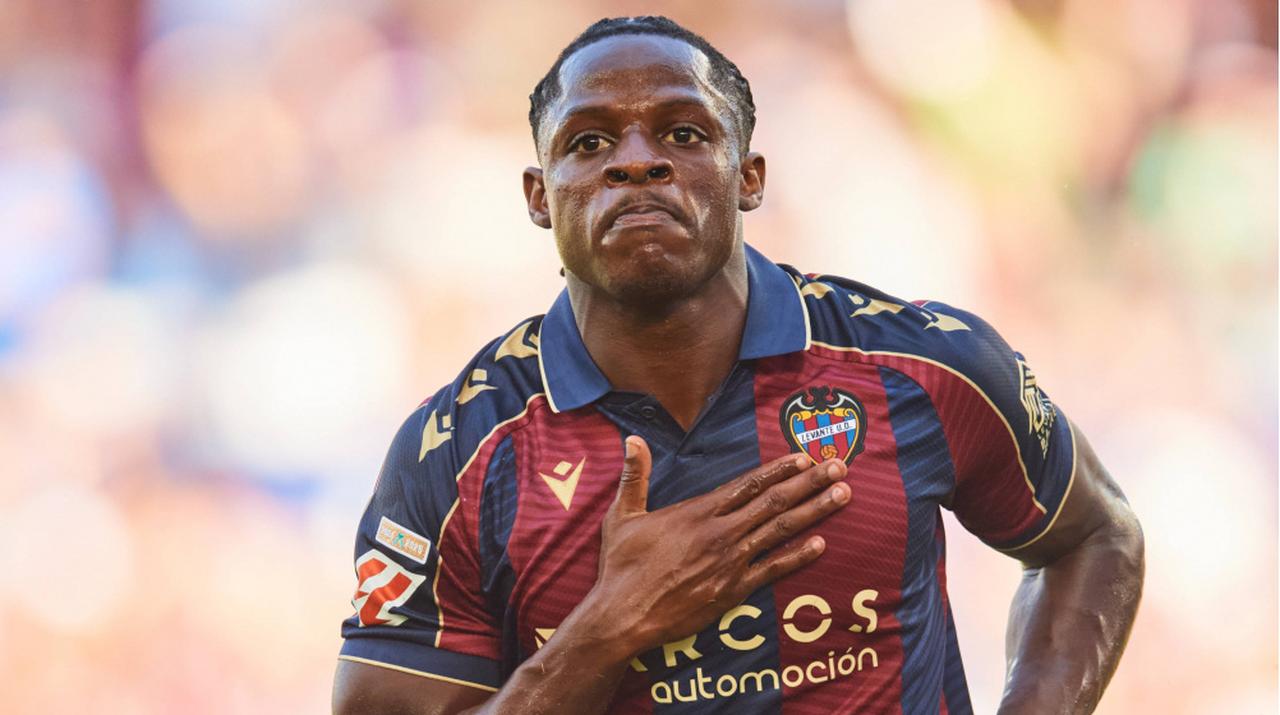 Levante’s Cameroonian forward Karl Etta-Eyong celebrates after scoring during a La Liga match in Valencia, Spain. (Photo via IMAGO)