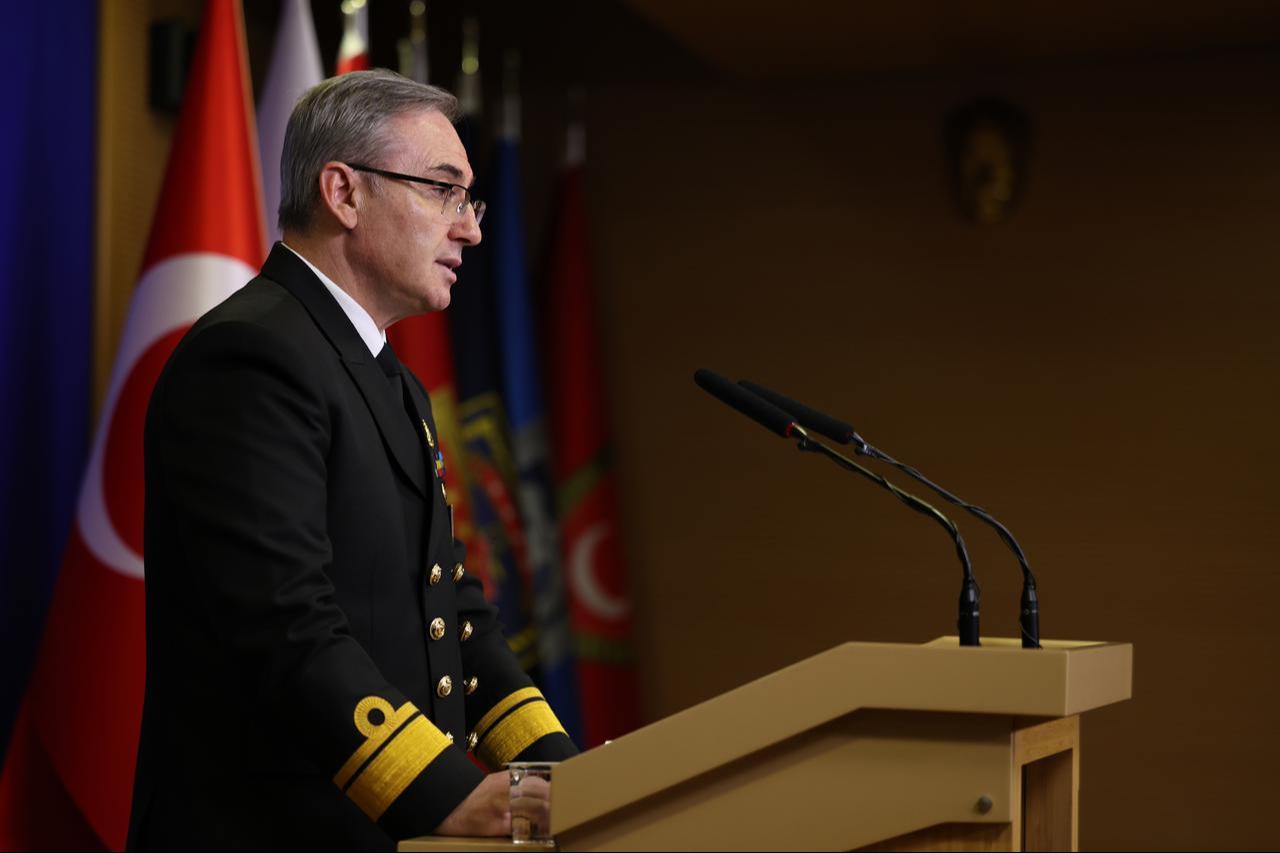 Turkish Defense Ministry Spokesperson Rear Admiral Zeki Akturk speaking during the ministry's weekly press briefing in Ankara, Türkiye, October 30, 2025. (AA Photo)