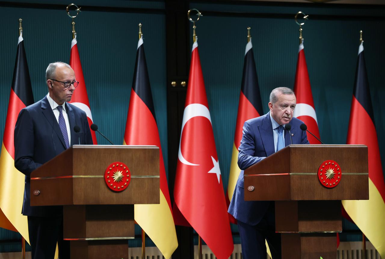 President Recep Tayyip Erdogan holds a joint press conference with German Chancellor Friedrich Merz in Ankara, Türkiye, Oct. 30, 2025. (Photo via Turkish Presidency/Murat Kula)