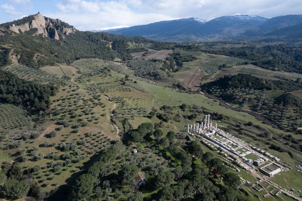 Aerial photo shows Sardis ancient city and Lydian Tumuli of Bin Tepe located in Manisa, Türkiye, July 12, 2025. (AA Photo)