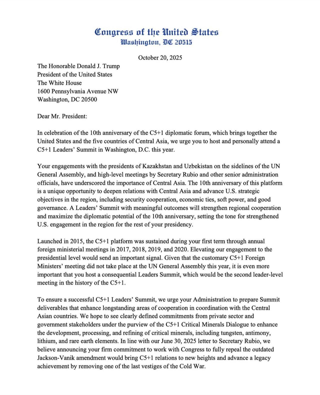 The first page of the letter to President Donald J. Trump from members of Congress, dated October 20, 2025, urging him to host and attend a C5+1 Leaders' Summit.