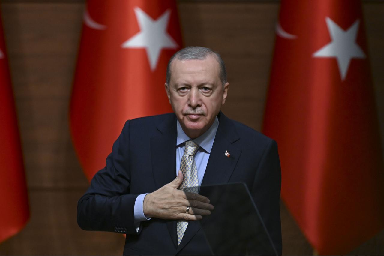 Turkish President Recep Tayyip Erdogan speaks during the 110th Term District Governorship Course Drawing Ceremony at the Presidential Complex in Ankara, Türkiye on Oct. 15, 2025. (AA Photo)