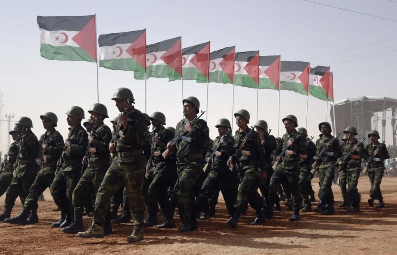 Soldiers from the Sahrawi People's Liberation Army parade at a ceremony marking 40 years since the Sahrawi Arab Democratic Republic was declared in 1976 in the disputed territory of Western Sahara, Oct. 31, 2025. (AFP Photo)