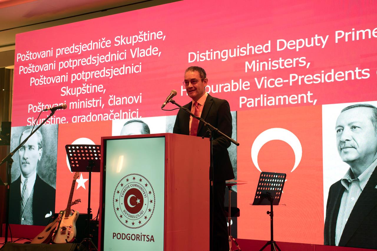Türkiye’s Ambassador to Montenegro Baris Kalkavan Speaking at a ceremony marking the 102nd anniversary of the founding of the Republic of Türkiye and Republic Day, Podgorica, Montenegro, Oct. 29, 2025. (AA Photo)
