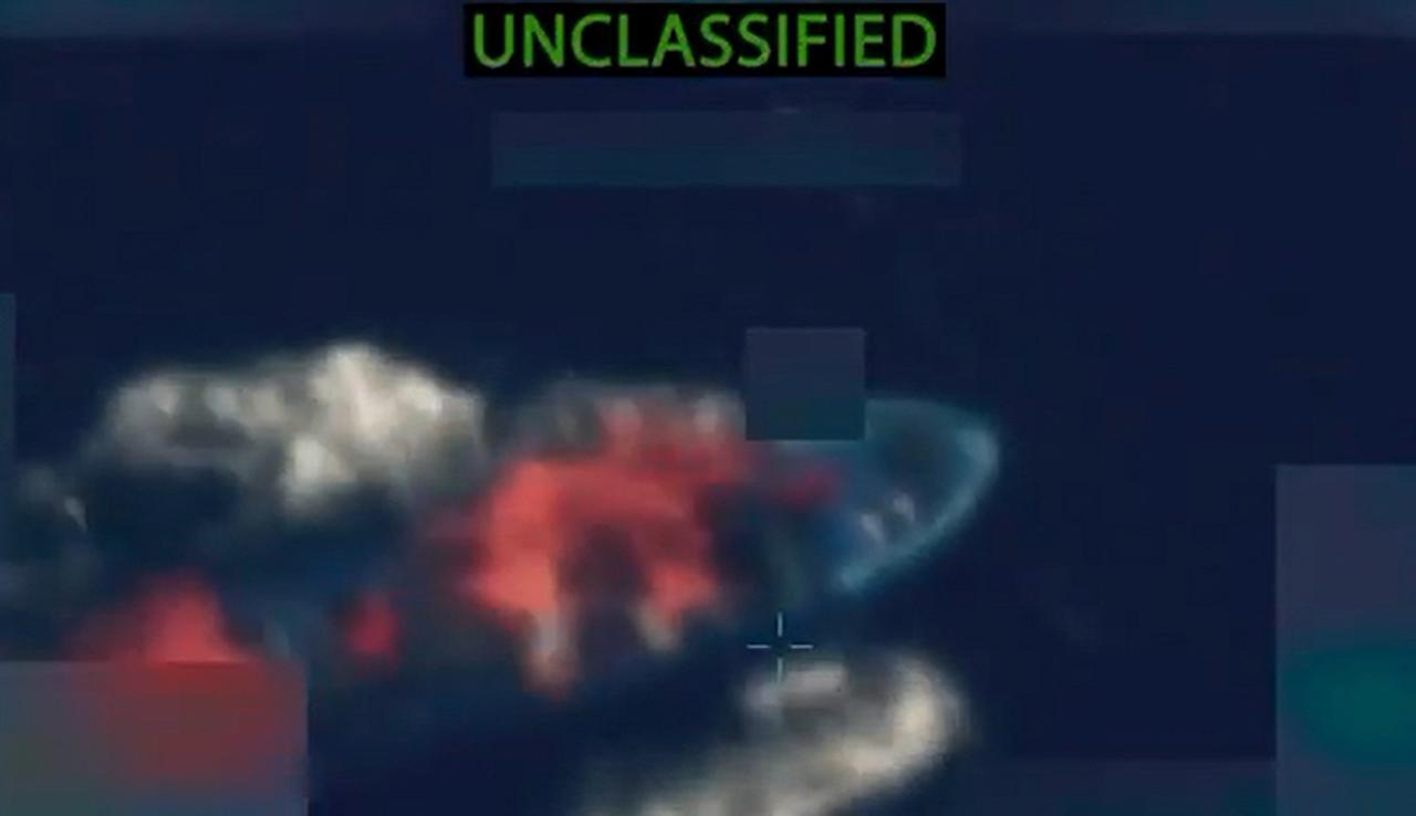 This screen grab from Pete Hegseth’s video shows an alleged drug-smuggling boat he says was hit in US strikes that killed at least 57 people, October 28, 2025. (AFP Photo)