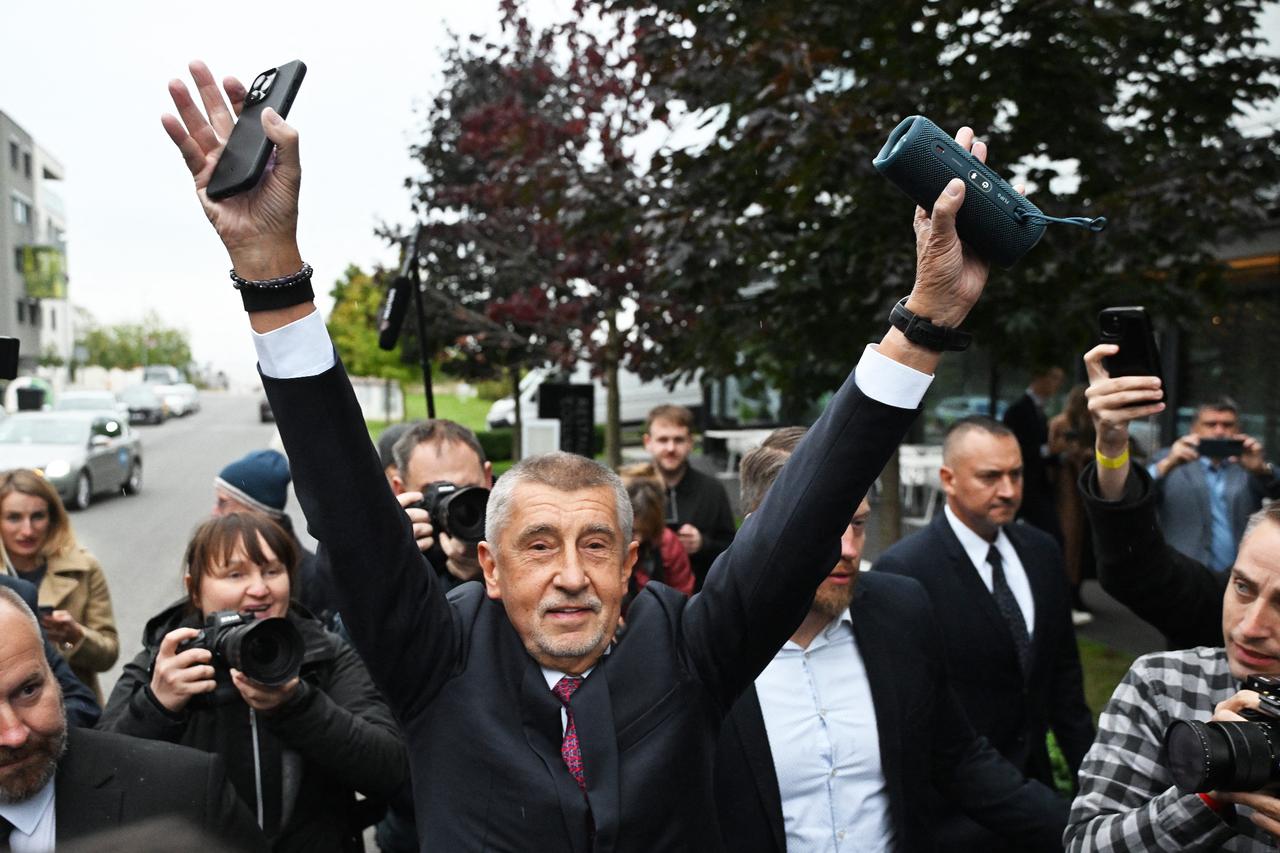 Andrej Babis, leader of the ANO movement, reacts as he arrives at the ANO headquarter in Prague, Czech Republic on Oct. 04, 2025. (AFP Photo)