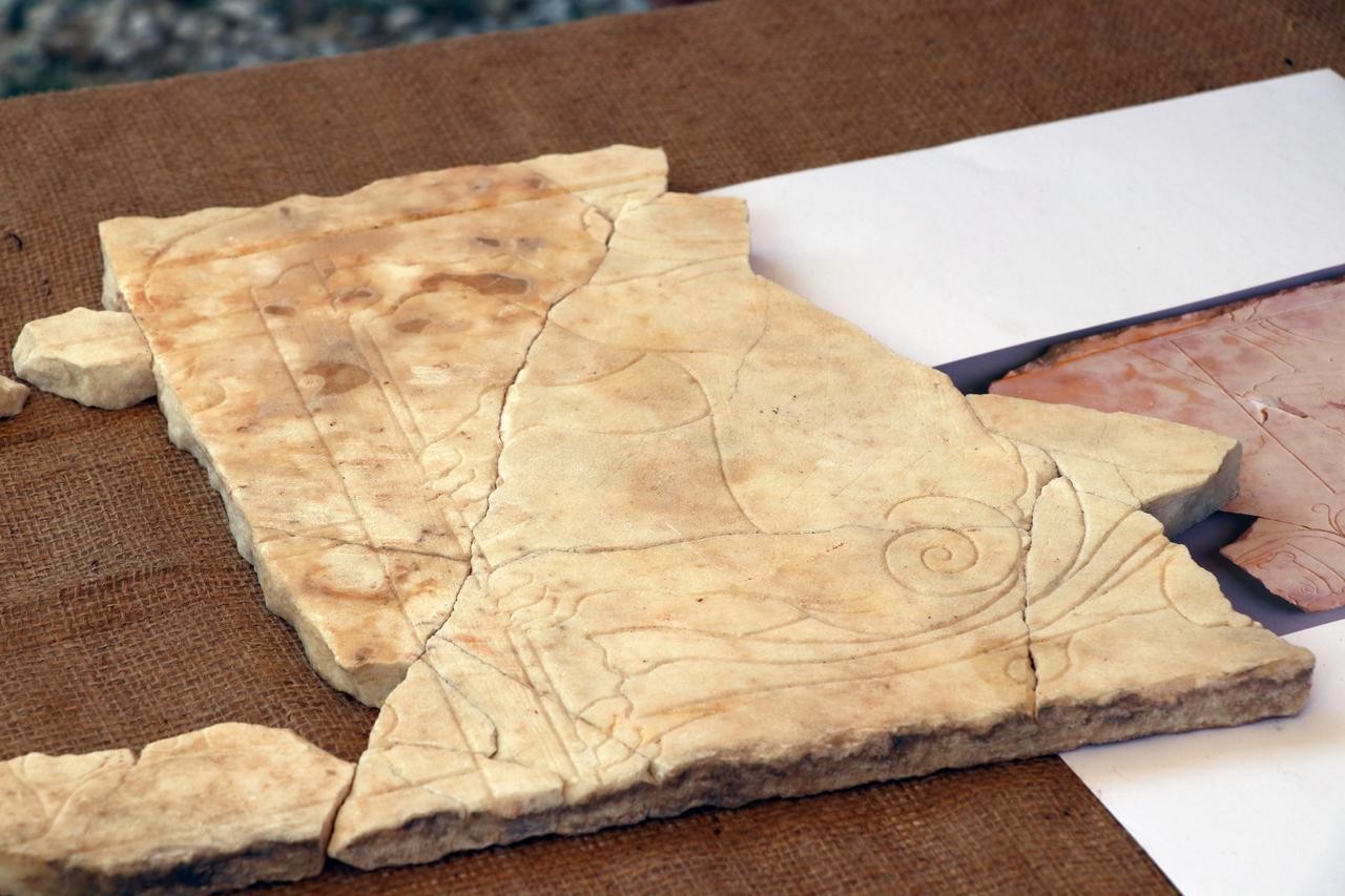 An Egyptian god Tutu figure found at the ancient city of Sagalassos, carved into Afyon marble slabs in Burdur, Türkiye, on October 4, 2025. (AA Photo)
