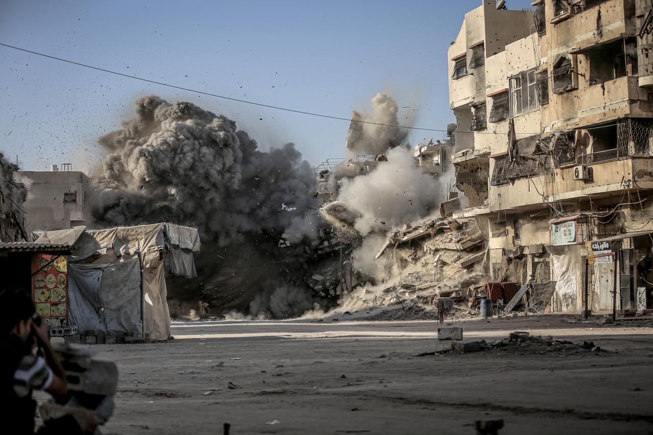 Explosion is seen following the Israeli attack on Omar al-Mukhtar Street of Gaza City, Gaza on October 3, 2025. (AA Photo)