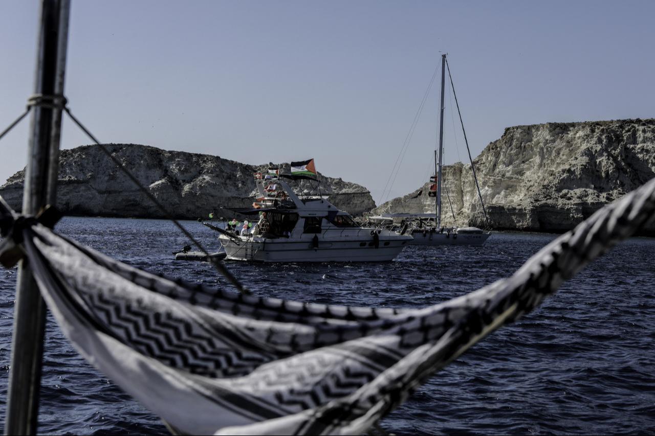 Some boats from the Global Sumud Flotilla are seen anchored off the coast of Crete, Greece, on September 26, 2025. (AA Photo)