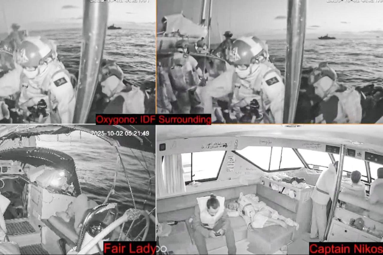 A screen grab captured from CCTV videos shows Israeli forces boarding the Oxygono vessel, part of Global Sumud Flotilla at Mediterranean Sea, Oct. 02, 2025. (Photo via Global Sumud Flotilla)