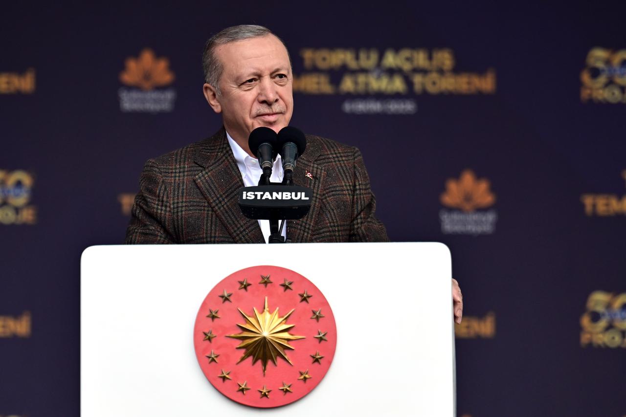 President Recep Tayyip Erdogan speaks at Sultanbeyli Town Square in Istanbul, Türkiye, on October 04, 2025. (AA Photo)